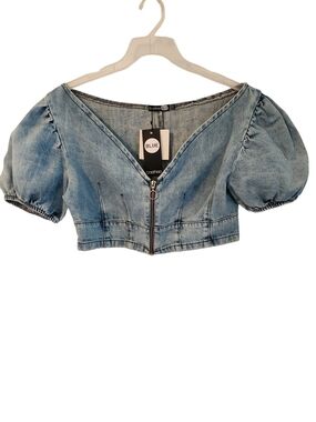 boohoo Blue Denim Puff-Sleeve Cropped Zip Top (New w/Tags)